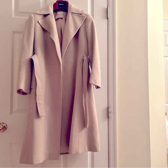 Cashmere belted tie only long bone ecru old Hollywood glam formal scandal coat - Picture 14 of 15